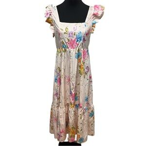 SHEIN Pink and Blue Square Neck Midi Dress. Cottagecore Feminine Floral